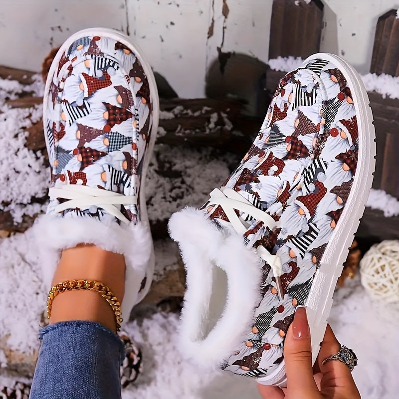 Cartoon Santa Hat Print Shoes, Fluffy Thermal Lined Christmas Canvas Shoes