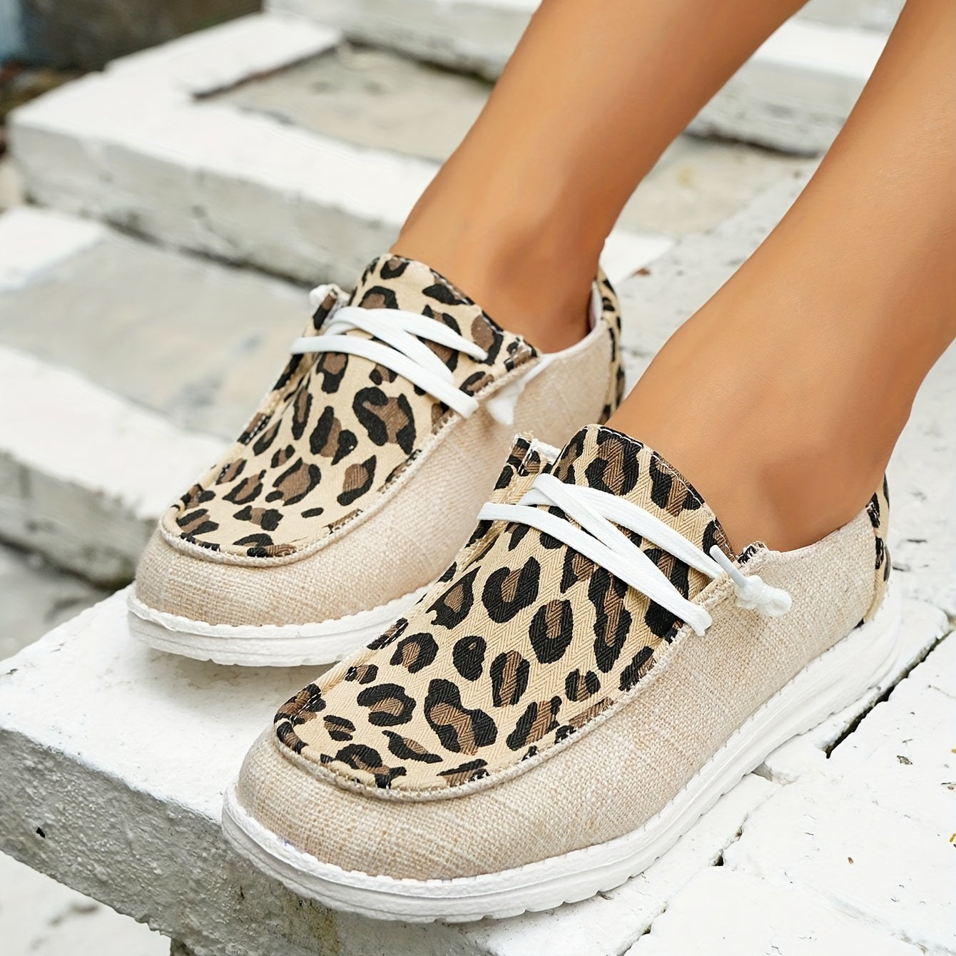 Leopard Print Canvas Shoes, Trendy Lace Up Low Top Sneakers